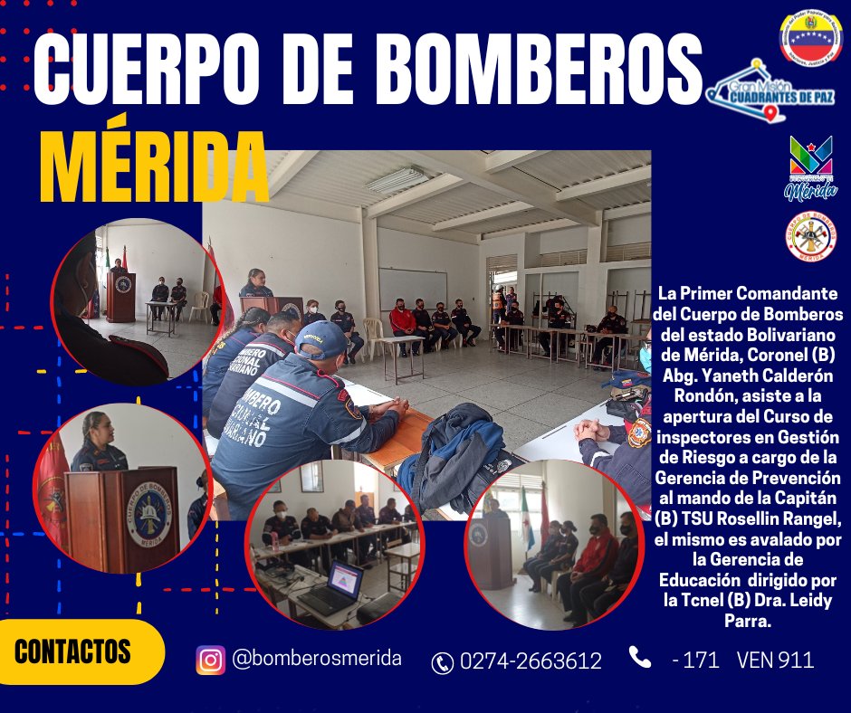 bomberos_merida's tweet photo. La Primer Comandante del Cuerpo de Bomberos del estado Bolivariano de Mérida, Coronel (B) Abg. Yaneth Calderón Rondón, asiste a la apertura del Curso de inspectores en Gestión de Riesgo, a cargo de la Gerencia de Prevención al mando de la Capitán (B) TSU Rosellin Rangel, con la https://t.co/6YbAK1wRr7