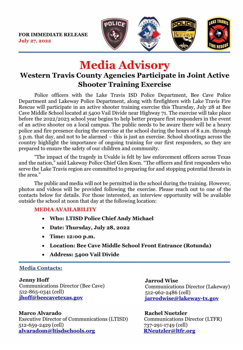 Major Active Shooter DRILL and Training tomorrow, Thursday July 28th at Bee Cave Middle School. 

Stay Safe Lake Travis. 

We are your #LTfirefighters. 
You call. We’re there.