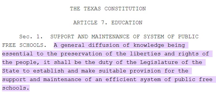 scottbraddock's tweet photo. The Texas Constitution rightly frames public education in terms of liberty, saying "A general diffusion of knowledge being essential to the preservation of the liberties and rights of the people..."
In short: Educated Texans are more free because of it.
It's beautiful. https://t.co/nxRAYZacw1