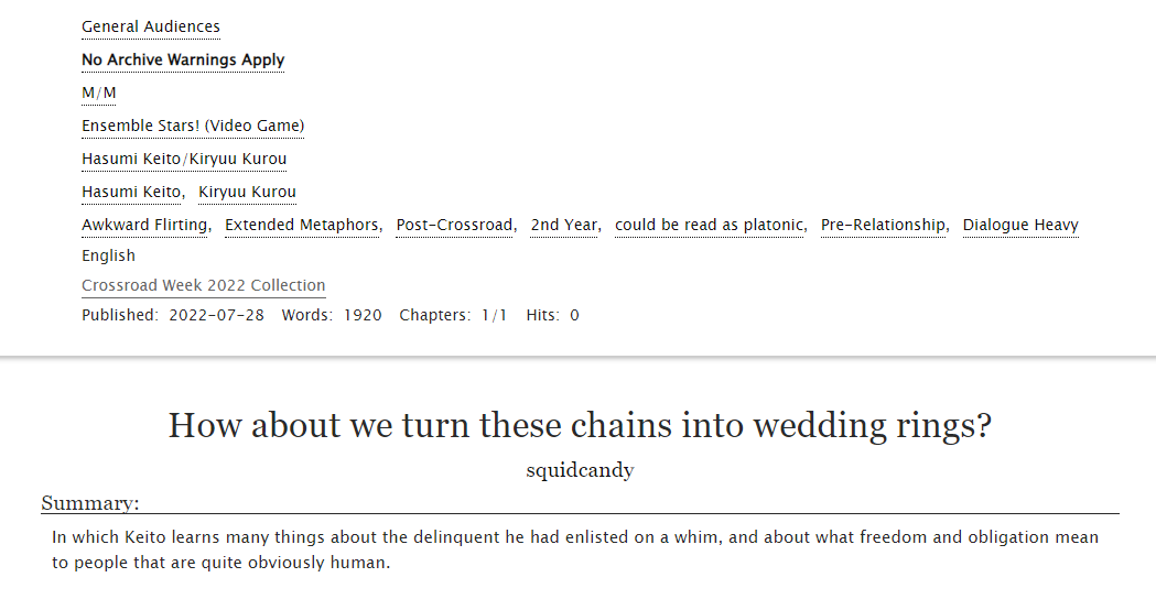 squidcxndy's tweet photo. IM LATE!!!! #CrossroadWeek2022

'How about we turn these chains into wedding rings?'

Day 1: Chains
Pairing: Kurokei
Rating: Gen
Words: 1.9k

https://t.co/UDZjzrm157 https://t.co/UjJ3sN6Yy2