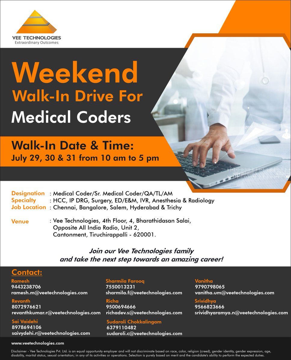 V_technologies's tweet photo. Vee Technologies is hiring Medical Coders. Apply now and take advantage of this opportunity to work with your dream company. Apply here – https://t.co/a19IGrQkJW

#Walkindrive #walkininterview #WalkindriveinTrichy #recruitmentdrive #MedicalCoders #HiringMedicalCoders https://t.co/VZ1EqtpHnP