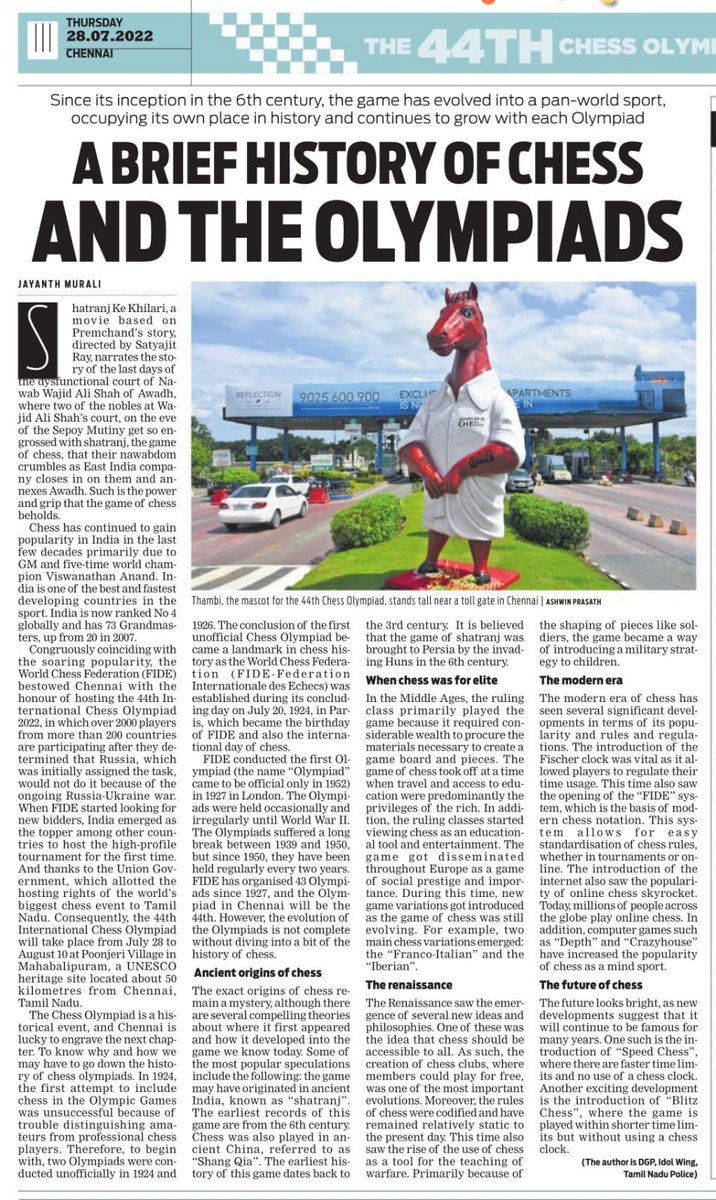 jayantmuraliips's tweet photo. Proud moment for India and Chennai to host the 44th #ChessOlympiad.Thanks #NewIndianExpress for publishing my article to commemorate the event.@CMOTamilnadu @tnpoliceoffl #TNGovt #IPS #OlympiadFlame | #India4ChessOlympiad | @FIDE_chess | @DrSK_AICF | @Bharatchess64 https://t.co/RW7ZkAm0NW