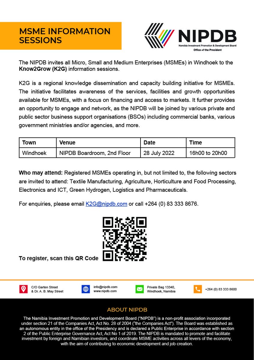 NIPDB's tweet photo. 🥳Today, we are in Windhoek for our #Know2Grow (K2G) session. 

🎟️Scan the QR code to register or visit: https://t.co/5xhFl1W7Qo

MSMEs interested in learning more about the project can contact ➡️k2g@nipdb.com or call +264 (0) 83 333 8676

#InvestNamibia #AcceleratingMSMEs https://t.co/iVpqJHhRUB