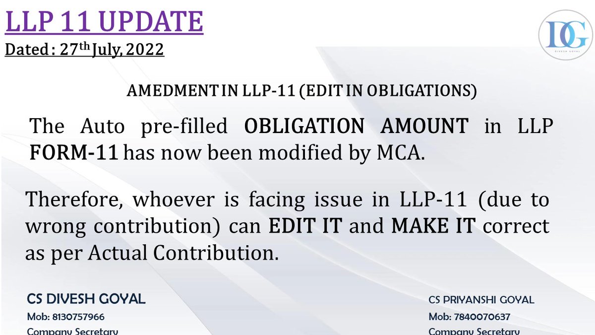 DiveshGoyal04's tweet photo. Appreciable move by MCA for LLP-11.
#bornforcs #proudcs #icsi #icai #cs #ca #LLP #MCA21inia #mca #nclt #llp11 #mcaupdate https://t.co/SoDBoZcroZ