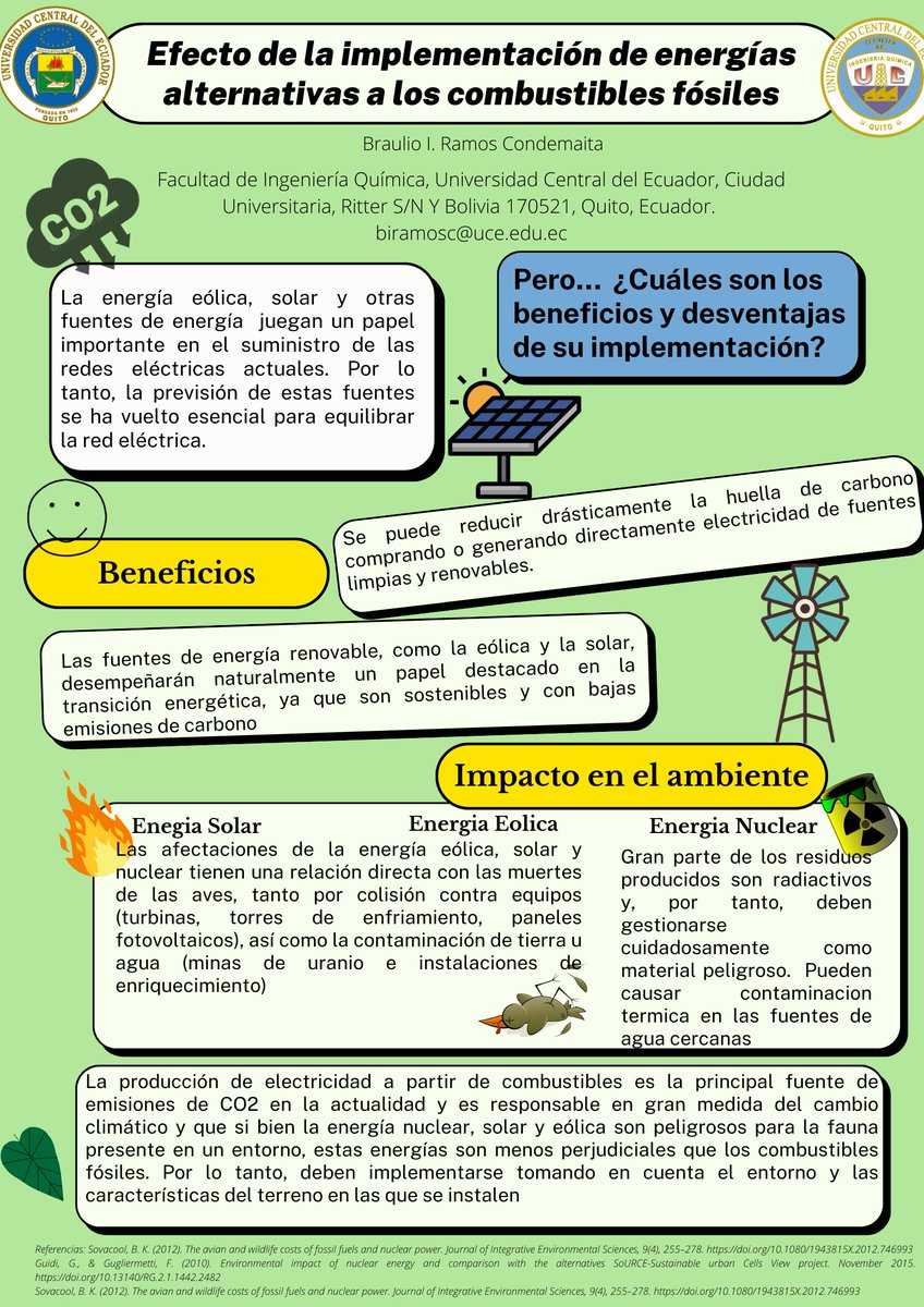 IvanRam94485677's tweet photo. El cuidado de nuestro planeta es necesario, por ello se han desarrollado formas de generación de energía menos contaminantes, pero… ¿Conoces sus ventajas e impactos al medio ambiente?
#YoDivulgoFIQ
#CienciaFIQ
#SéInvestigarSoyCentral
#SoyCentral https://t.co/HmZnEAl43C
