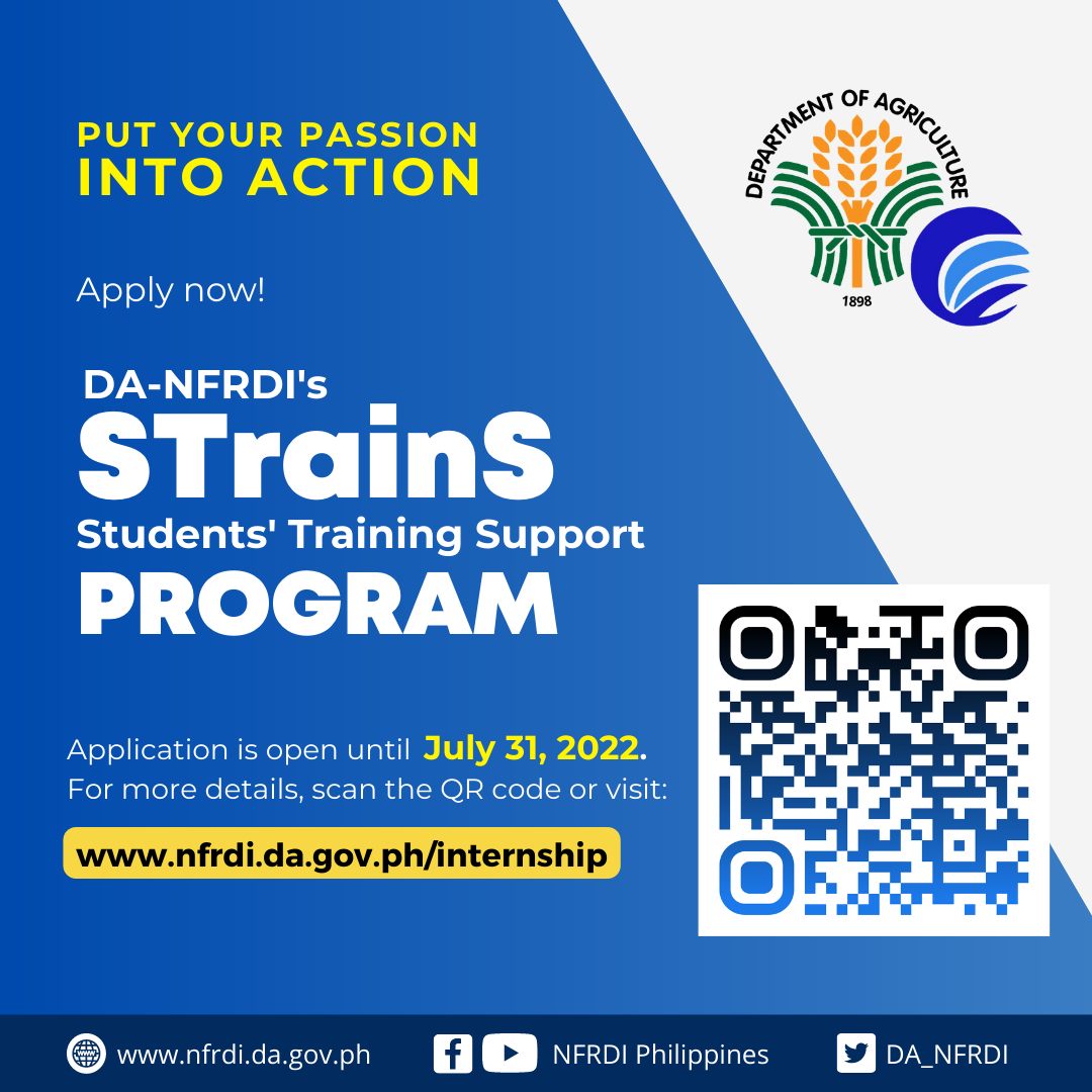 DA_NFRDI's tweet photo. DA-NFRDI is now accepting applications for the Students’ Training Support (STrainS) Program for the period August – December 2022.
Deadline of application is on July 31, 2022.
For more details, kindly visit https://t.co/5gqkFPEVFW or scan the QR code below.
#DANFRDI https://t.co/Ic68GKaYnH