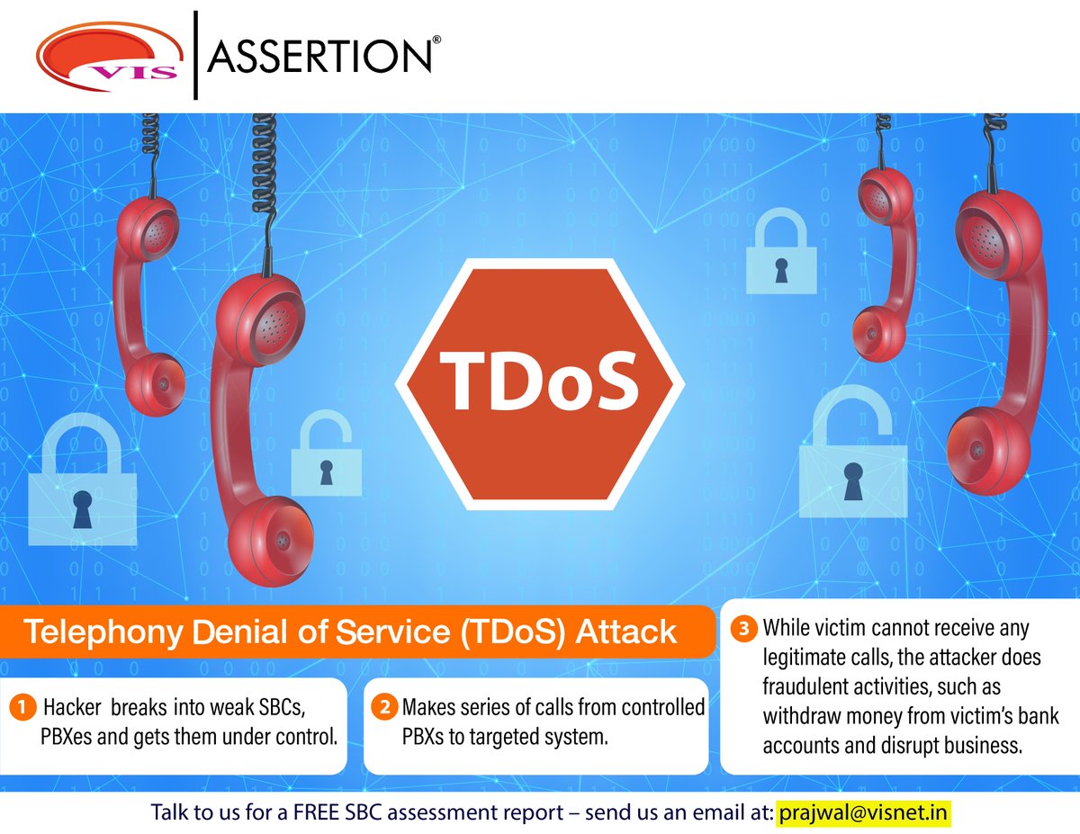 VISNETWORKS's tweet photo. Telephony Denial of Service (TDoS) Attacks Can Disrupt Emergency Call Center Operations. Use Assertion SBC Security™ to protect your Session Border Controllers, from various attacks including TDoS. #visnetworks #assertion #sbc #networksecurity #ccaas #hacking #tdos https://t.co/Z904PjxHRN