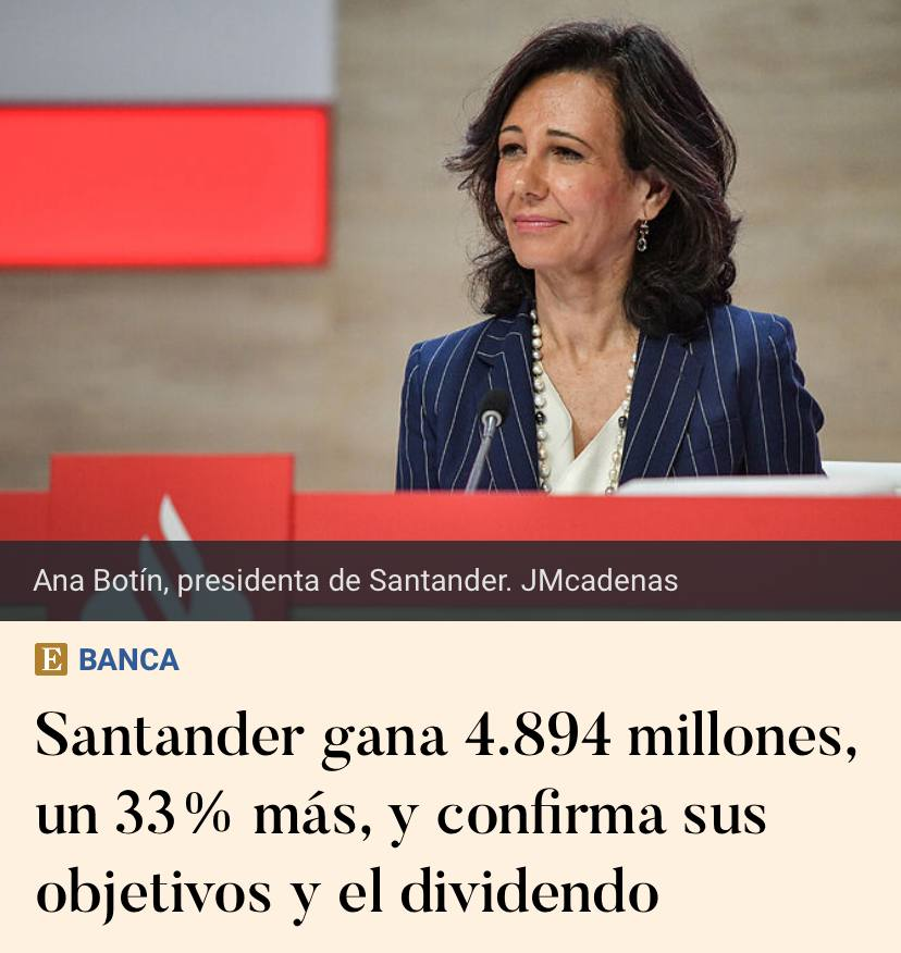 JulenBollain's tweet photo. Santander dispara su beneficio un 33% en el primer semestre. Obtiene un beneficio de 4.894 millones de euros.

Los beneficios del Santander en seis meses triplican lo que se pretende recaudar por el impuesto extraordinario a toda la banca en un año. Que no te cuenten milongas. https://t.co/BBFDkHCq3o