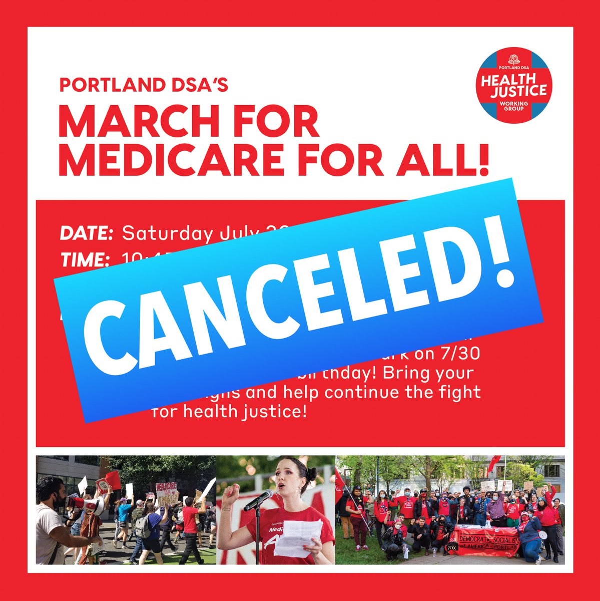 #PortlandDSA’s March for M4A has been canceled due to extreme heat. Temps are expected to reach 102 on Sat. in the Portland metro area. Please note: The Rally for M4A organized by <a href="/m4apdx/">Medicare for All PDX</a> is still ON! Plan accordingly for the heat, there will be shade &amp; water at Shemanski Park 🌳