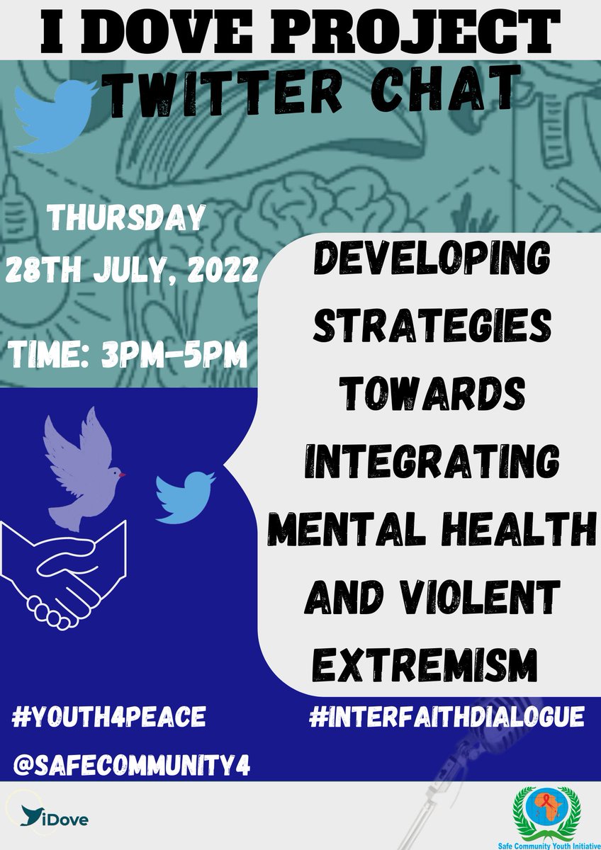 safecommunity4's tweet photo. As part of @giz_gmbh iDove Project, we are conducting a twitter chat to explore on strategies towards integrating mental health and violent extremism. Join us today from 3pm-5pm. #InterFaithDialogue #idove #Youth4Peace @iDove00 @IGADPeace @KECOSCE2 @SFCG_Kenya @CTP_Kenya https://t.co/FjAhOdFqzK