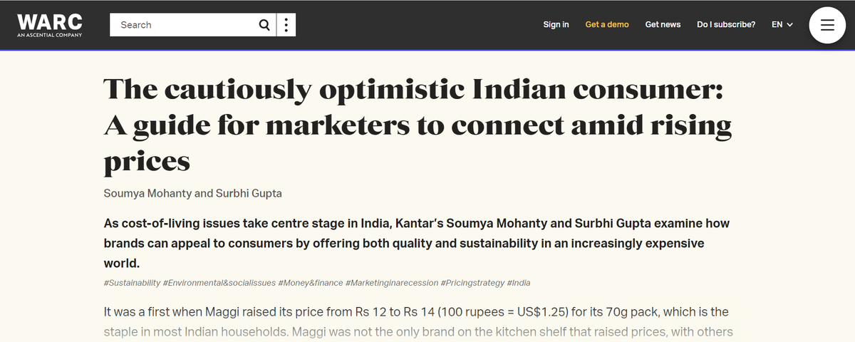 KantarIndia's tweet photo. As #CostOfLiving issues take centre stage in India, @Kantar's @soumya03269874 & Surbhi Gupta examine how brands can appeal to consumers by offering both quality and #Sustainability in an increasingly expensive world.
Read here: https://t.co/ocLLfkyCRf
#GlobalIssuesBarometer https://t.co/mEmCP53lWq