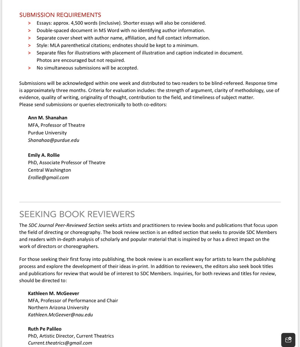 Hello #director and #choreographer friends! The <a href="/SDCweb/">SDC | Stage Directors and Choreographers Society</a> journal’s peer reviewed section is seeking submissions!