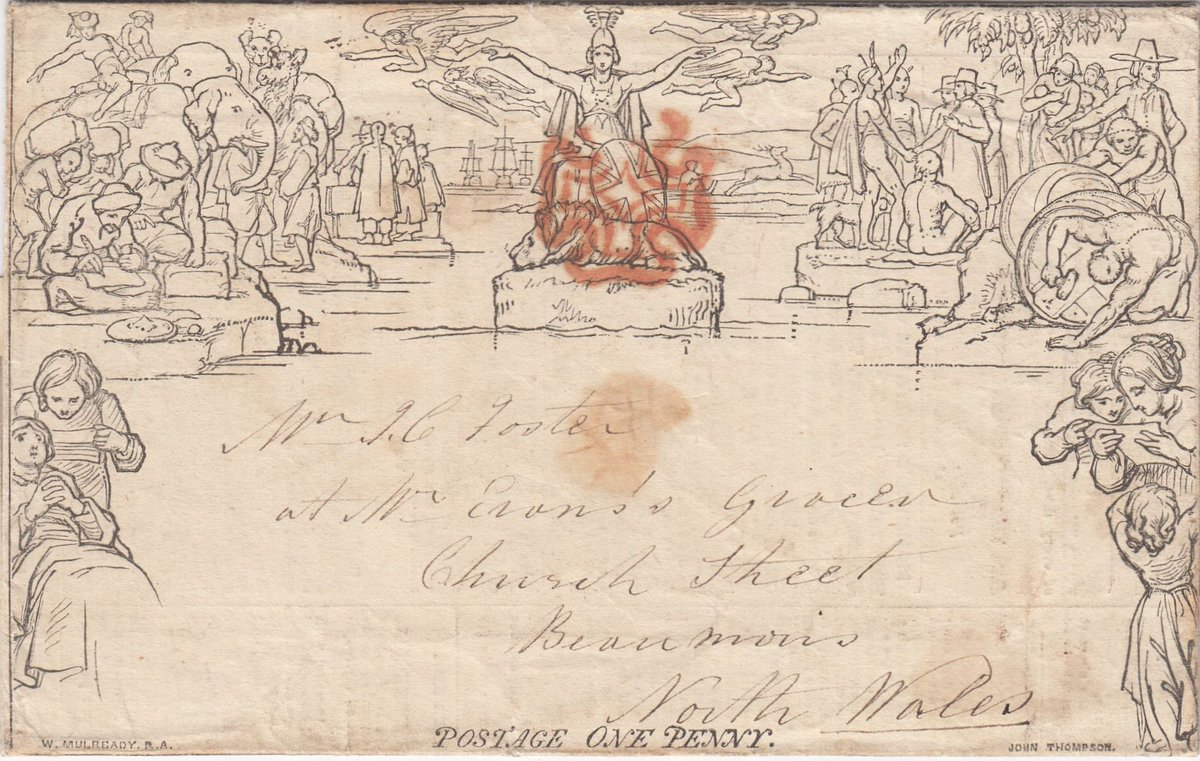 BillBarrellLtd's tweet photo. 1840 1d #Mulready wrapper from #London to #Beaumaris, North Wales, with 'Jell's General and Commercial Envelope' advertisement. #philately  #stampcollecting #stamps #philatelic #stampcollector #postalhistory #lookfortheshield #queenvictoria #gbstamps https://t.co/toQx2mCOHg