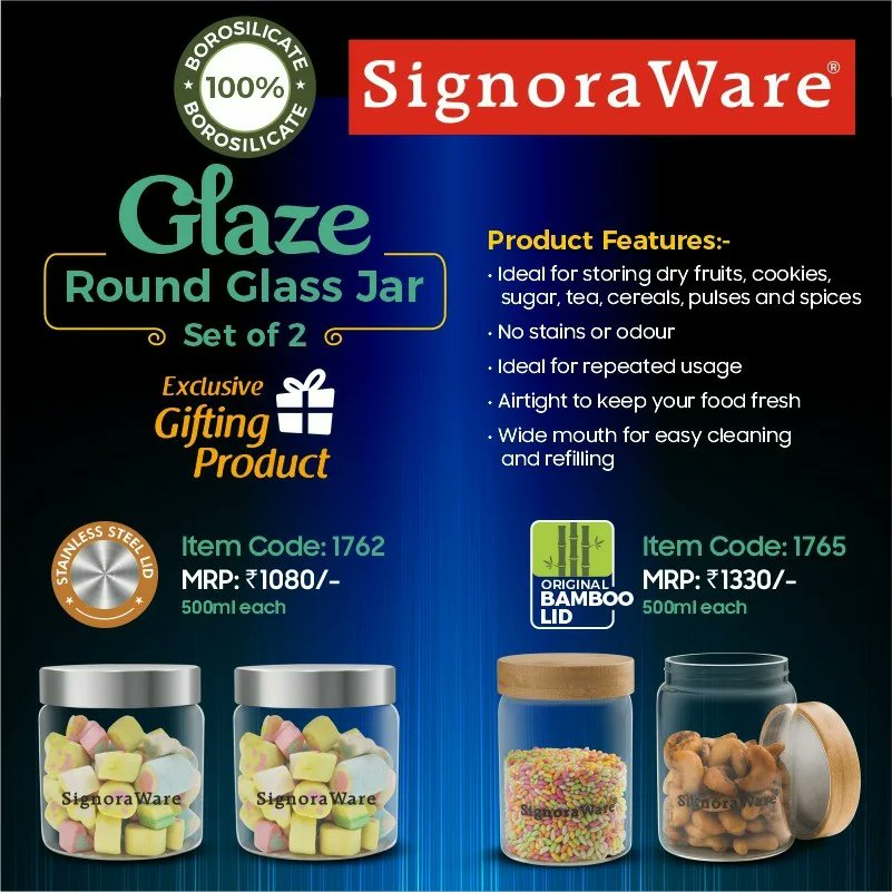 SignoraWare's tweet photo. Are you looking for amazing utility gift for you loved ones?
Well, your search ends here.
#signoraware #glazeroundglassjar #glazeglassjar #glass #glassjars #roundjars #steellid #bamboolid #airtight #borosilicate #smallstorage #kitchen #storage #giftingmadeeasy https://t.co/E0yYUD4Nnj