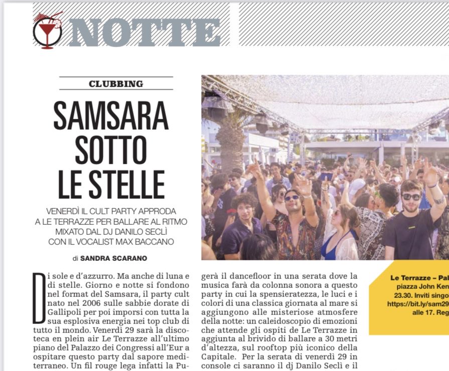 TrovaRoma_Rep's tweet image. Venerdì il party cult #Samsara approda a @leterrazzeroma per ballare sui ritmi mixati dal dj @DaniloSecli, affiancato dal vocalist #MaxBaccano. Ne parla Sandra Scarano sul #TrovaRoma, in edicola oggi con @repubblica. Inviti per i lettori.