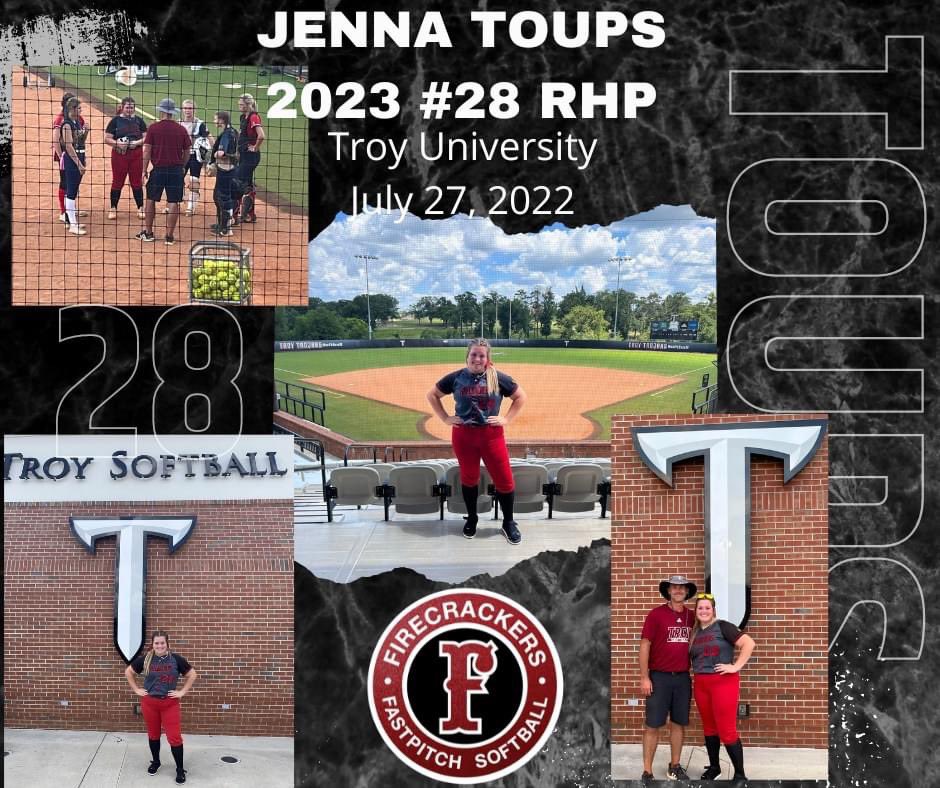 GulfCoastFirec1's tweet photo. 2023 (uncommitted) @jennatoups_ RHP had a great day at Troy University camp showing her skills!
Thank you to @e_newellcoach & @TroyTrojansSB staff for an awesome camp 🔥 🧨
#trojans #gulfcoastfirecrackers #shepitches https://t.co/4zUxSIJGkd