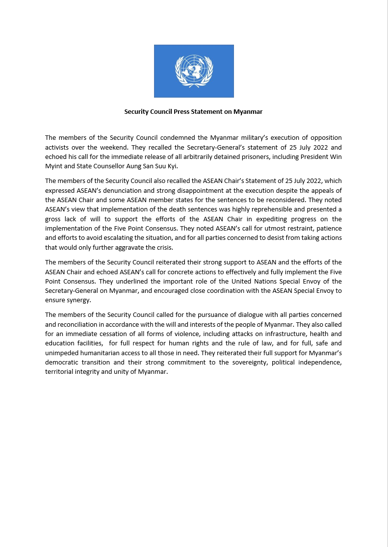 JusticeMyanmar's tweet photo. UN Security Council condemns #Myanmar junta executions &amp; calls for a cessation of violence🤔 

Yet, no sanctions, no referral to the Int'l Criminal Court + members #China, #India &amp; #Russia continue to arm the Myanmar military. Time UN Security Council ends its shameful inaction! https://t.co/wNdjdErTrb