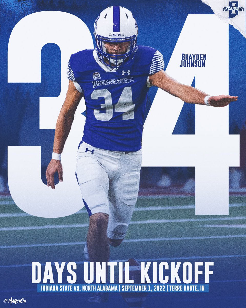 IndStFB's tweet image. 3️⃣4️⃣ Days Til Kickoff, but the end is in sight!

@realbraydenj and the Sycamores start fall camp Wednesday at Memorial Stadium

#MarchOn | #LeaveNoDoubt 
#CountdownToKickoff