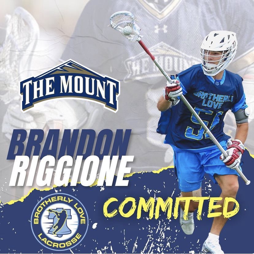 BrotherlyLoveLC's tweet photo. CONGRATULATIONS to 2023 DEF Brandon Riggione (@ANClacrosse) on his commitment to @Mount_MLAX ! Brandon is our 17th commit from our 2023 Zeus team‼️ #BLLC https://t.co/ifQsZrZ07r
