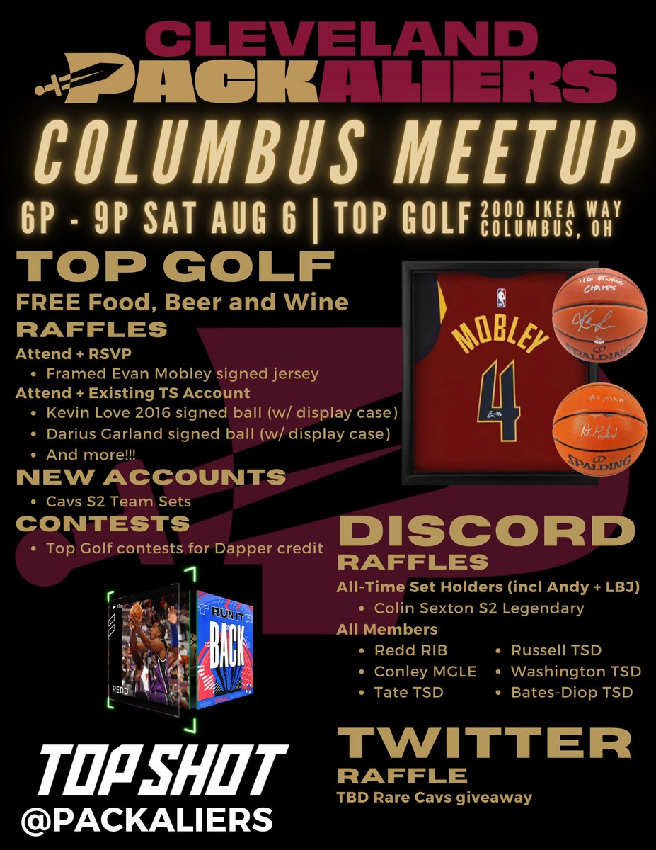 packaliers's tweet photo. 📣 Last call to RSVP to our meetup next Saturday (8/6)!!

👉 All details and the RSVP form can be found in our @nbatopshot Discord channel. Check 📌 messages 👊

#NBATopShotThis #CavsSummer https://t.co/Sn6SoqGOSm