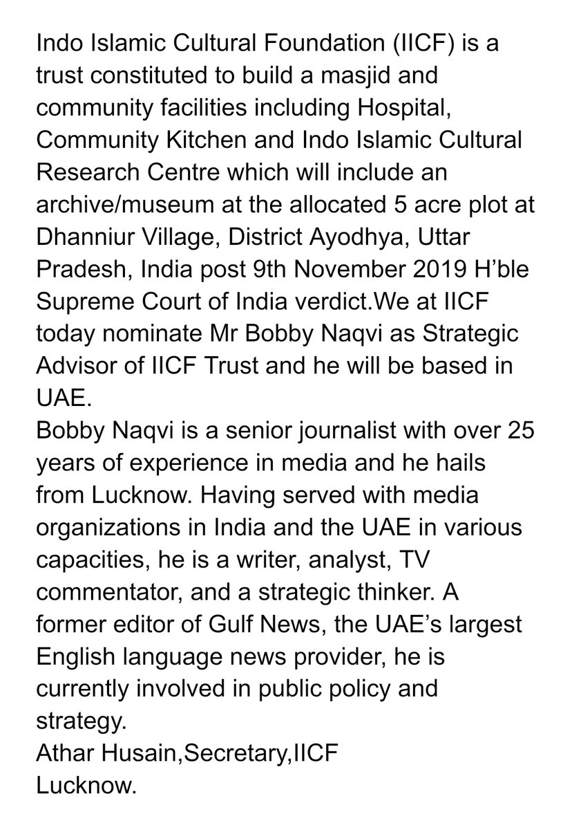 IICF today nominate Mr Bobby Naqvi as Strategic Advisor of IICF Trust and he will be based in UAE.<a href="/athardesi/">Athar Husain</a>
<a href="/ZufarFaruqi/">Zufar Ahmad Faruqi</a>