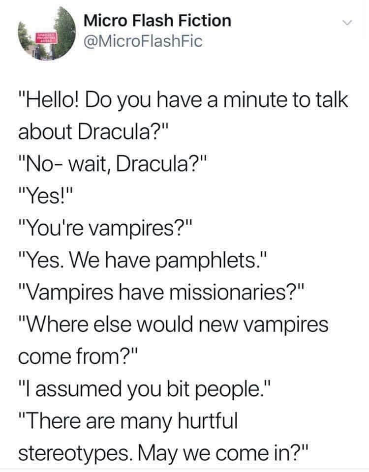 SpawnOfSadists's tweet photo. “Not me laughing at this, because my dad’s a vampire.” https://t.co/r7bIYJmtrJ