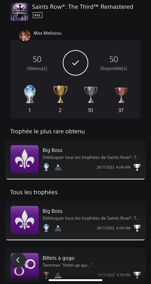 Miss__Melissou's tweet photo. Nouveau platine 😀 🤍

#SaintRow3 #PlayStation #PS5 https://t.co/yhDdeivSEk