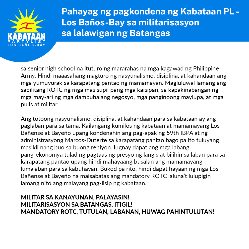 KabataanLBBay's tweet photo. BASAHIN ANG PAHAYAG:
#DefendFarmers
#TanggolBatangan
#DefendSouthernTagalog
#NoToMandatoryROTC https://t.co/HinWP9JJeW