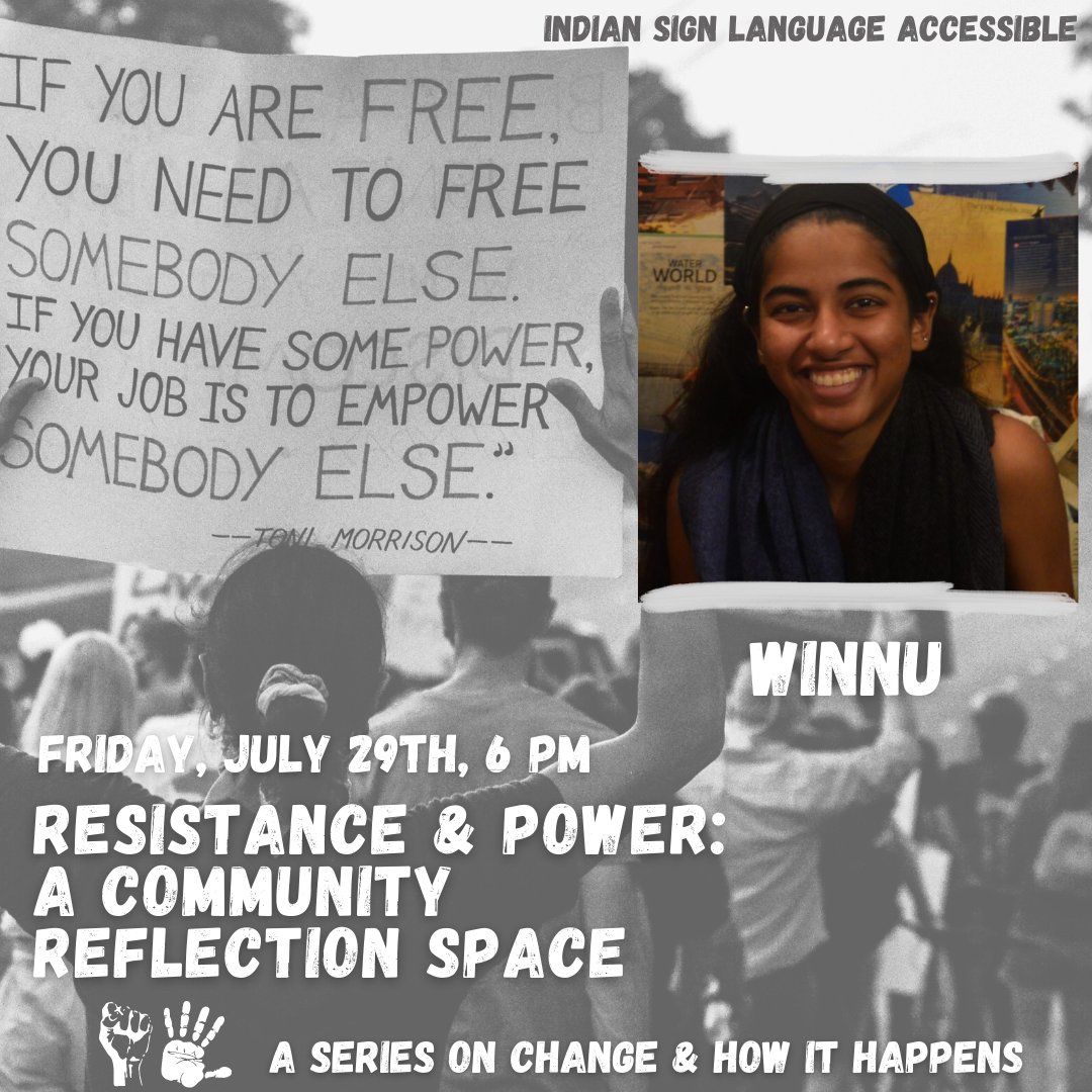 GatherSisters's tweet photo. Join our series finale for a community reflection on Resistance &amp; Power. Is power our capacity to have our needs met? Or our ability to produce or prevent change? Come share/listen!

Guest:https://t.co/RfitFm0HCb
Hosts:@gopikabashi &amp; @johriamrita 
Register:https://t.co/BEn0uhyFOF https://t.co/jikxxU9W5U