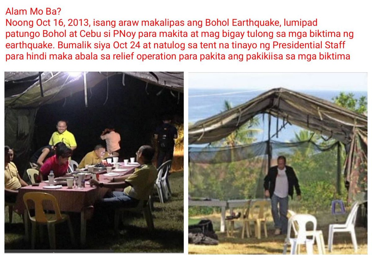 SaltAndReality's tweet photo. Did You Know?
On Oct 16, 2013, 1 day after the Bohol Earthquake, PNoy flew to Bohol &amp; Cebu to assess the damage &amp; extend help to the victims. He returned on Oct 23 &amp; slept on a tent pitched by Pres'l Staff so as not to bother local relief efforts to show solidarity w/ the victims https://t.co/QFFMB5KYTG