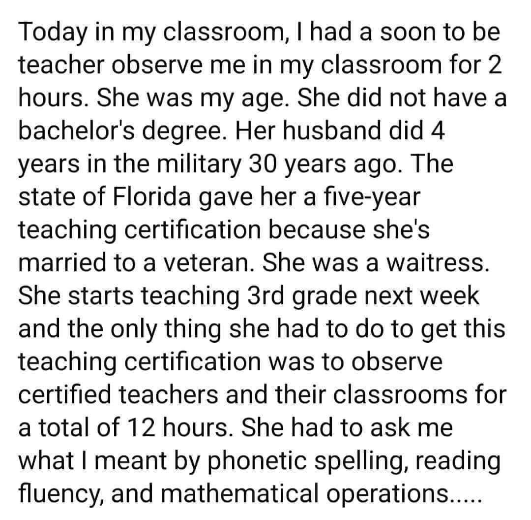 tampaflrobert's tweet photo. @ProfWagnon @BeckleyforTX The Desantis plan to fill teacher vacancies in Florida is right out of a comedy sketch. Except studios would reject it saying no sane politician would ever push this plan. https://t.co/TqblNmjgKS