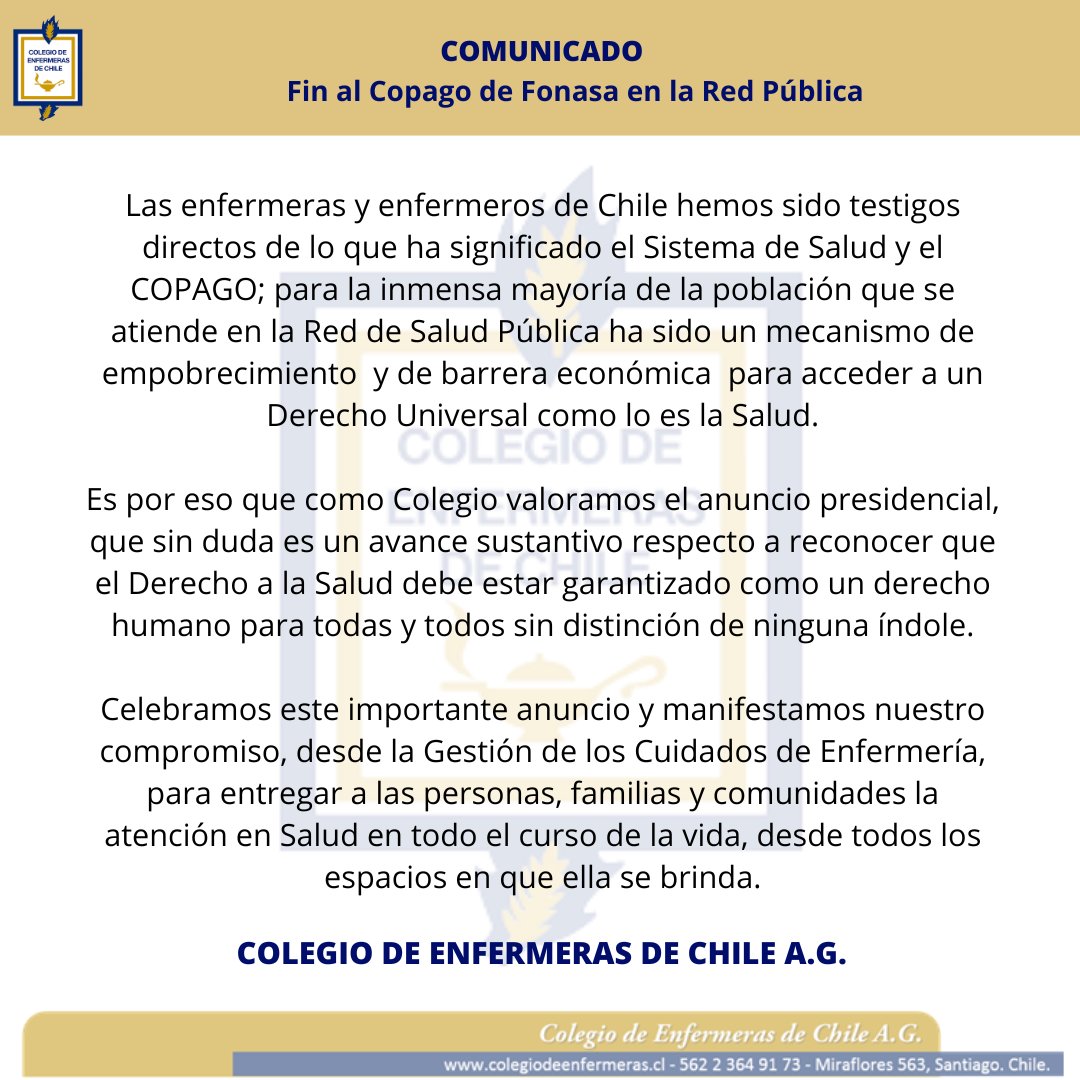 colegioenfermer's tweet photo. Compartimos nuestra declaración como Colegio de Enfermeras, en relación a la noticia de fin al Copago de Fonasa en la Red de Salud Pública.
comunicado #copago #finalcopago #saludpublica #saluddigna #colenf https://t.co/Q3f05RoAAY