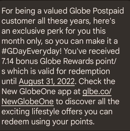 dgreenplumber17's tweet photo. I feel so valued having been a customer for over 10 years and getting 7.14 points ONLY. Thanks @enjoyGLOBE #GDayEveryday https://t.co/ICtagVjgXz