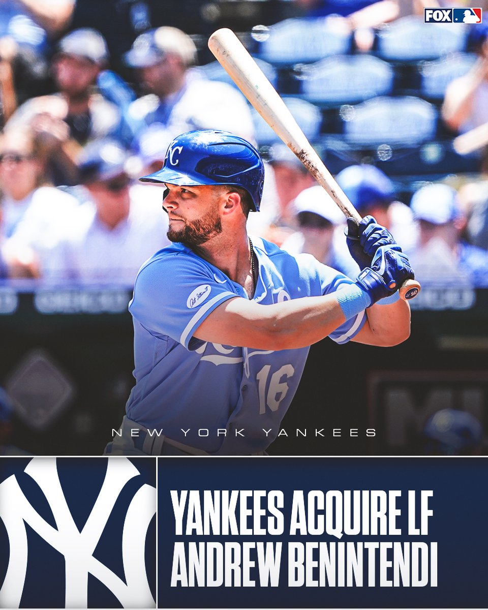 MLBONFOX's tweet photo. TRADE: The Yankees are acquiring Andrew Benintendi from the Royals in exchange for minor leaguers Chandler Champlain, Beck Way, and TJ Sikkema, via multiple sources. https://t.co/mGnde7rl4J