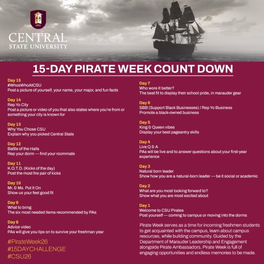 csu_pa's tweet photo. ATTENTION CO ‘26! We are excited to announce our 15 day countdown to Pirate Week! Introduce yourselves with our 15 day challenge until move in day!
#PirateWeek26 #15DayChallenge #CSU26 https://t.co/0r7oR6BdB9