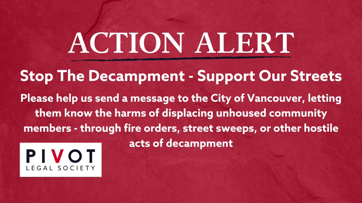 📣ACTION ALERT📣

Please help us send a message to the City of Vancouver, letting them know the harms of displacing unhoused community members - through fire orders, street sweeps, or other hostile acts of decampment:👉🏽bit.ly/3PI0dp4

1/3
