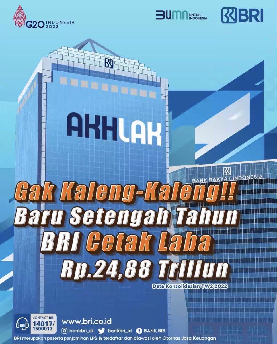 BANKBRI_ID's tweet photo. [BREAKING NEWS]

Gak Kaleng-Kaleng! 6 Bulan Laba 24T

BRI Group berhasil mencatatkan laba bersih senilai Rp.24,88 triliun atau tumbuh 98,38% year on year (yoy) dengan total aset meningkat 6,37% yoy menjadi Rp.1.652,84 triliun.

#BRI #MemberiMaknaIndonesia #NggaKalengKaleng https://t.co/thZoFSIaAO
