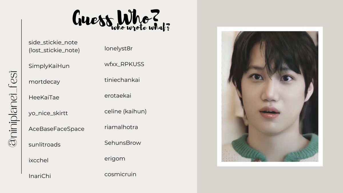 niniplanetfest's tweet photo. 🧸Guess Who

We have 18 participants for our twelfth round! Seven of our authors submitted two fics each. Have you checked out all the works? Give them a go again, and try to identify who has written what. Reveals will be available in 24 hours☺️ https://t.co/cZCFGyKZ66