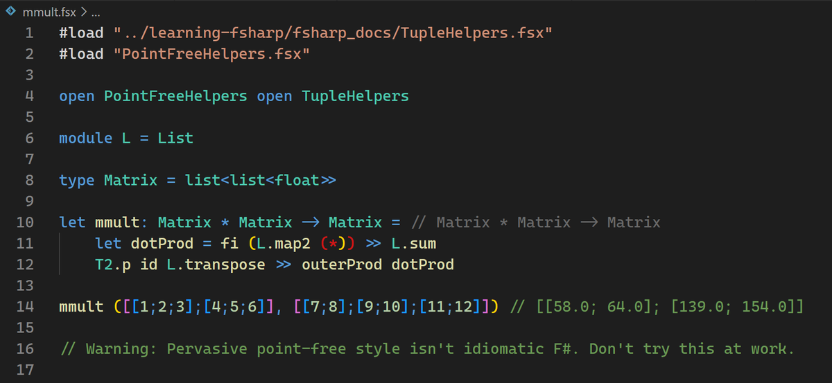 TheOlegarchy's tweet photo. Matrix multiplication. Transpose the right arg, then generate the outer product table with the dot product function. fi is fan in. T2.p is Tuple2 parallel.
#fsharp #readablecodegolf #pointfreestyle https://t.co/1g6Y86cswU