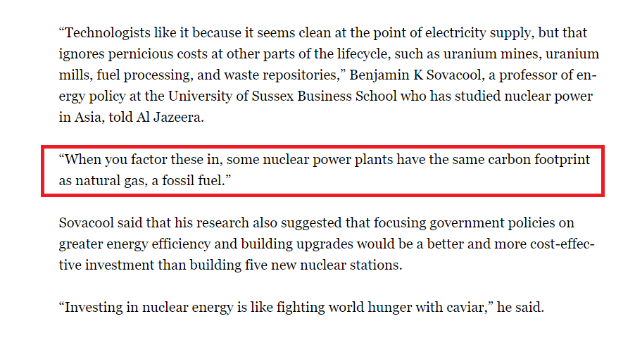 wang_seaver's tweet photo. "Some nuclear plants have the same carbon footprint as natural gas, a fossil fuel."

This is misinformation.

Prof. Benjamin K. Sovacool at the University of Sussex has a flawed paper and a personal agenda that contradict the overwhelming weight of published research.

THREAD 🧵 https://t.co/3FQMonMJHs