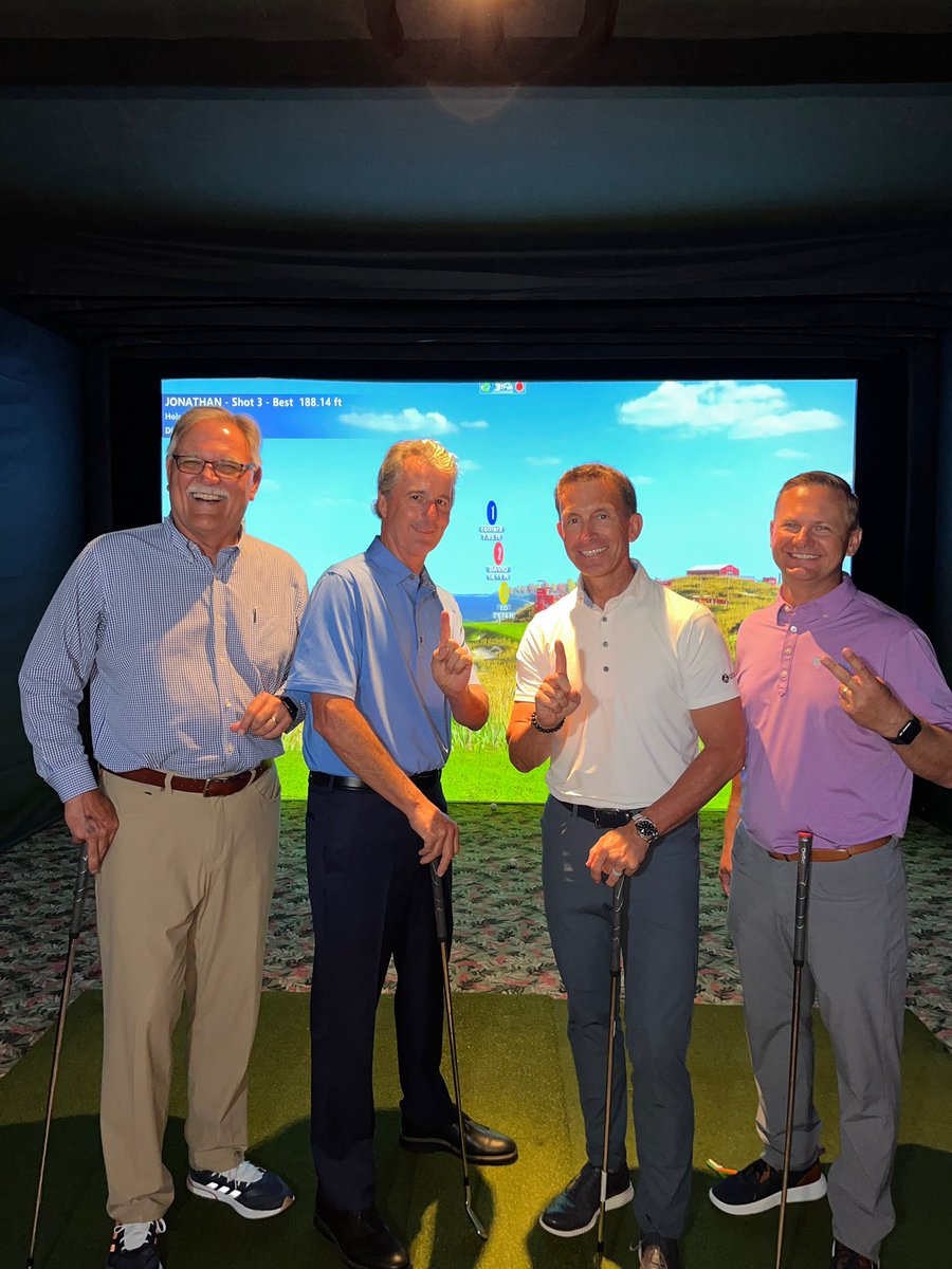 GCSAACEO's tweet photo. Last evening of the #MCOR @theNGCOA event, Bob Farren + @KevinSunderman vs. Collier Miller + me in a 3 hole simulator shoot out. Strong winds, brutal conditions + heckling gallery couldn’t keep Collier and me from taking these two out single-handedly. https://t.co/C7KaLjNQuc