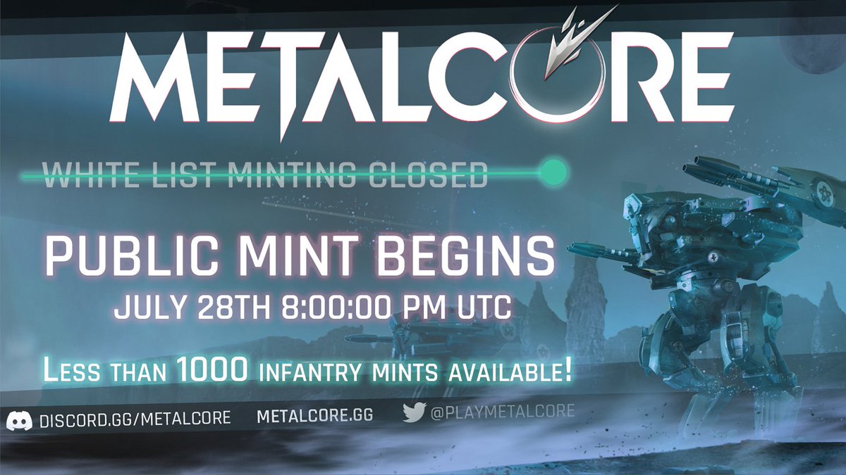 🚨WL is closed!💪🚀   

➡️4500+ to Guilds!  🛡️
➡️1000 for Future Marketing $
➡️3000+ for WL Holders 📰 

🚨Less than 1000 NFTs remain for the Public Mint Tomorrow!

Don't miss out!  

<a href="/opensea/">OpenSea</a> Link: opensea.io/collection/met…

#PlayMetalCore #Whitelist #Minting