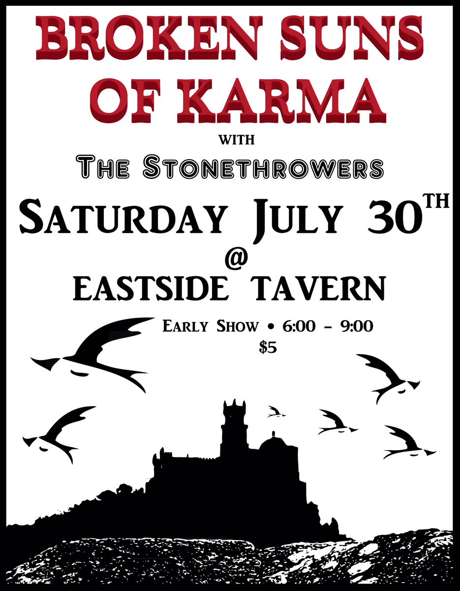 brokensuns's tweet photo. Meet us down at @EastsideTavern this #SaturdayNight for #RockAndRoll #EarlyShow @ 6:00 pm - The @Stone_throwers will be joining us. #NotToMiss https://t.co/1aQFT3Wv3u