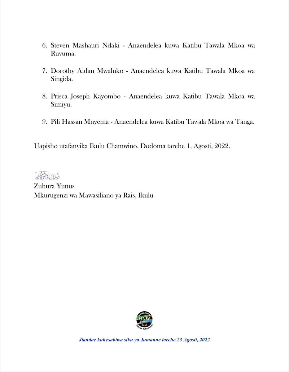 📍Ikulu, Chamwino

🚨 U   T   E   U   Z   I

🔹Rais wa Jamhuri ya Muungano wa Tanzania, Mhe. <a href="/SuluhuSamia/">Samia Suluhu</a> amefanya uteuzi wa Makatibu Tawala wa Mikoa wapya 07 na kuwahamisha vituo vya kazi Makatibu Tawala wa Mikoa 10 na wengine 09 kubakia kwenye vituo vyao.

📃: IKULU