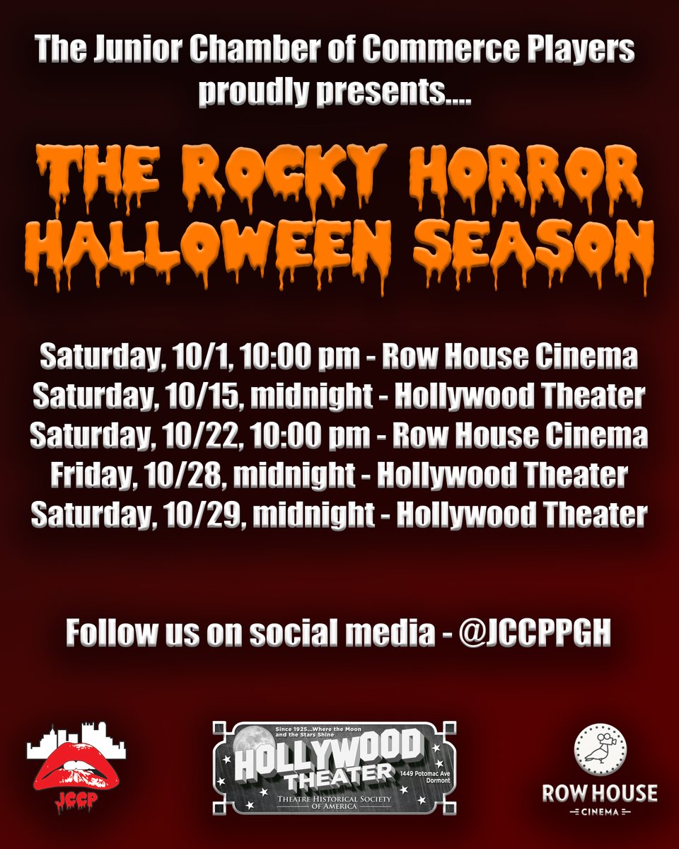 jccppgh's tweet photo. We are exactly one month away from the spoopiest month of the year, so it's time to announce our upcoming Halloween schedule!!!
#RockyHorror #RHPS #Shadowcast #TheTimeWarp #SweetTransvestite #Halloween #October #Spooky #Spoopy #JCCPPGH #LGBTQ @THSAHollywood @RowHouseCinema https://t.co/hRFIBoUGFY