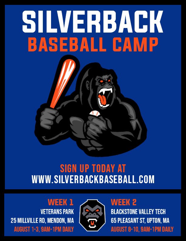 SilverbackBSB's tweet photo. Silverback Baseball Camp

👤 Middle &amp; HS (Age 12-16)
📍 Mendon &amp; Upton
📅 Aug 1-3 &amp; Aug 8-10

⬇️ SIGN UP
https://t.co/CVu0iqJuGT https://t.co/84BCIWJquv