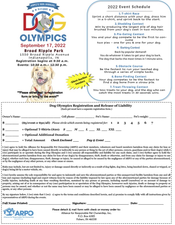 Registration for ARPO's 16th Annual Dog Olympics is now OPEN! Join us September 17th at Broad Ripple Park

For Dog Olympics Event Updates and Registration: facebook.com/events/1741725…