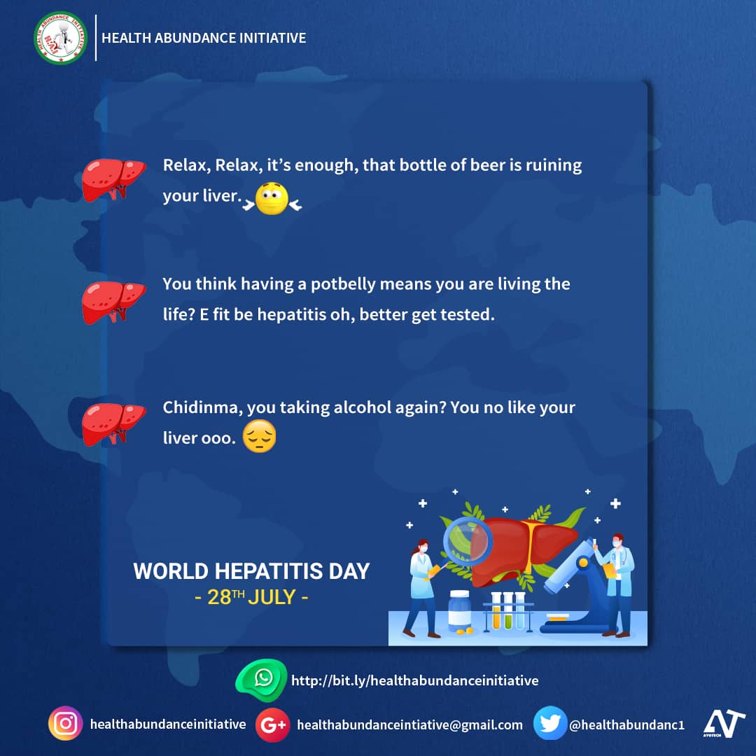 In order to commemorate World Hepatitis Day coming up on the 28th of July, 2022, 
Health Abundance Initiative have decided to lend her voice by organizing a webinar to throw more light on Hepatitis in line with the theme 'Bringing Hepatitis Care Closer To You'.
#Hepatitis #WHO