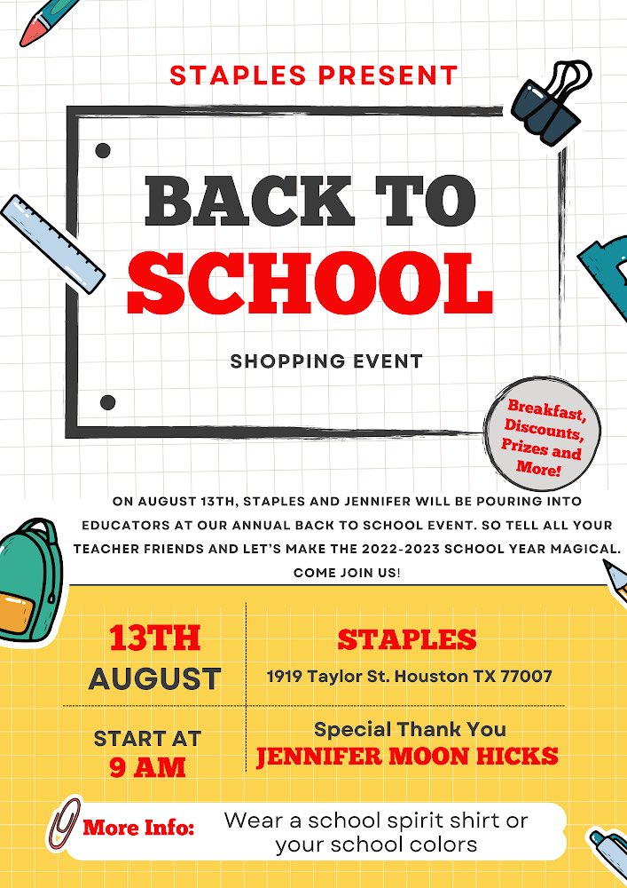 I am so excited about my sister Jennifer Hicks and #Staples annual Back To School event for educators ❤️ come out and join me, @iTeach2Motivate, and other educators as we prepare for the 2022-2023 school year! #HoustonEducators #HoustonTeacher #TeacherTwitter #Educators