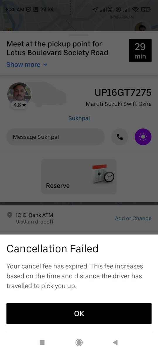 commnCitizen's tweet photo. @Uber_Support 9911778225 please help in cancellation. Driver never arrived. App not allowing cancellation https://t.co/rrpYjwSqWX